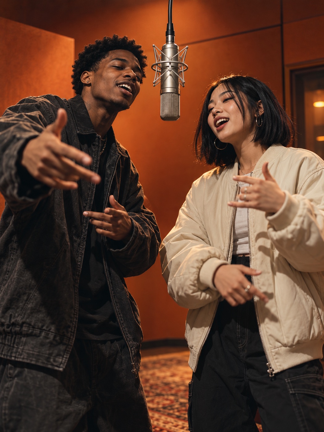 Two fictional performers in an orange recording booth
